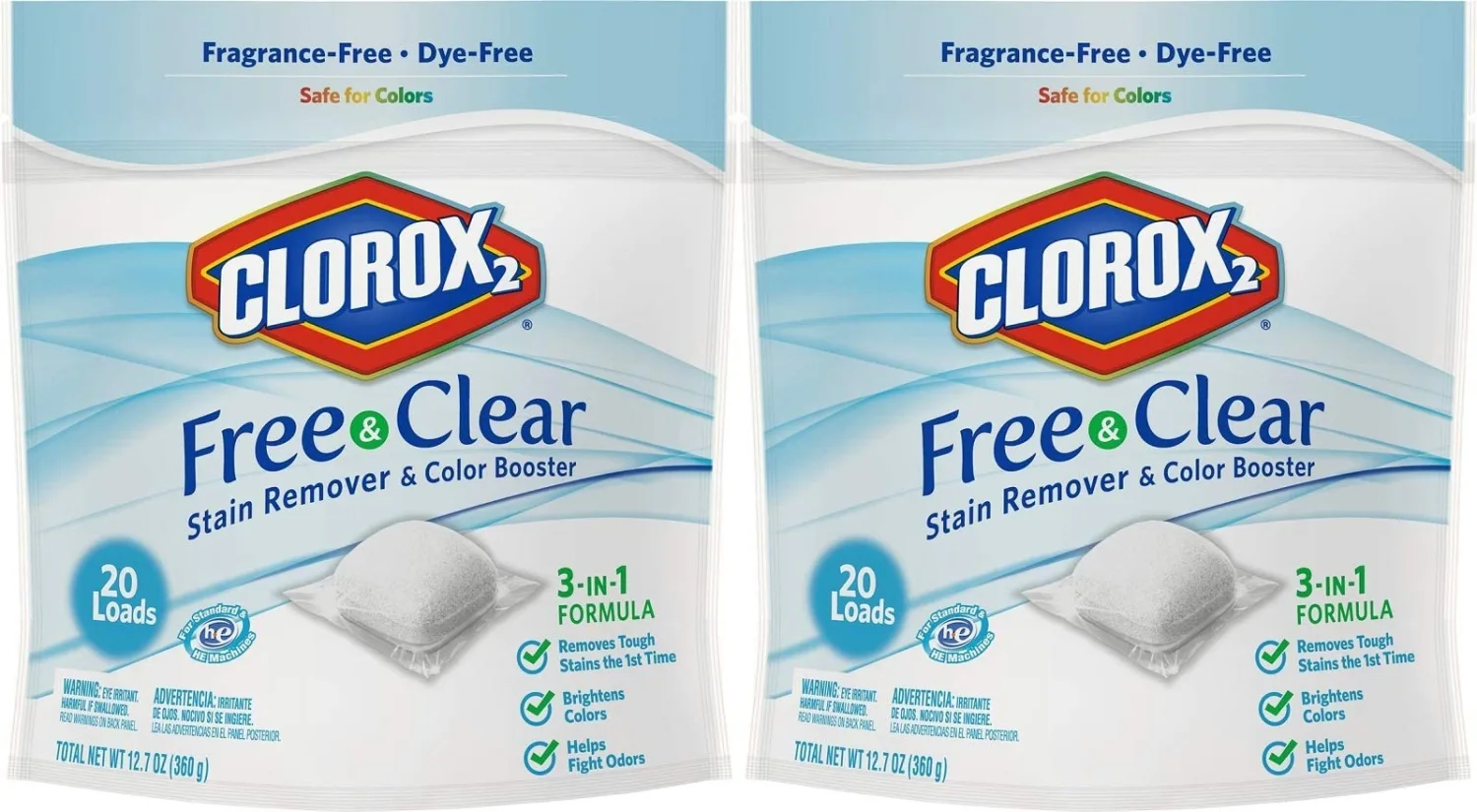 Clorox 2 Free & Clear Laundry Stain Remover & Color Booster Packs, 20 Count (Pack of 2)