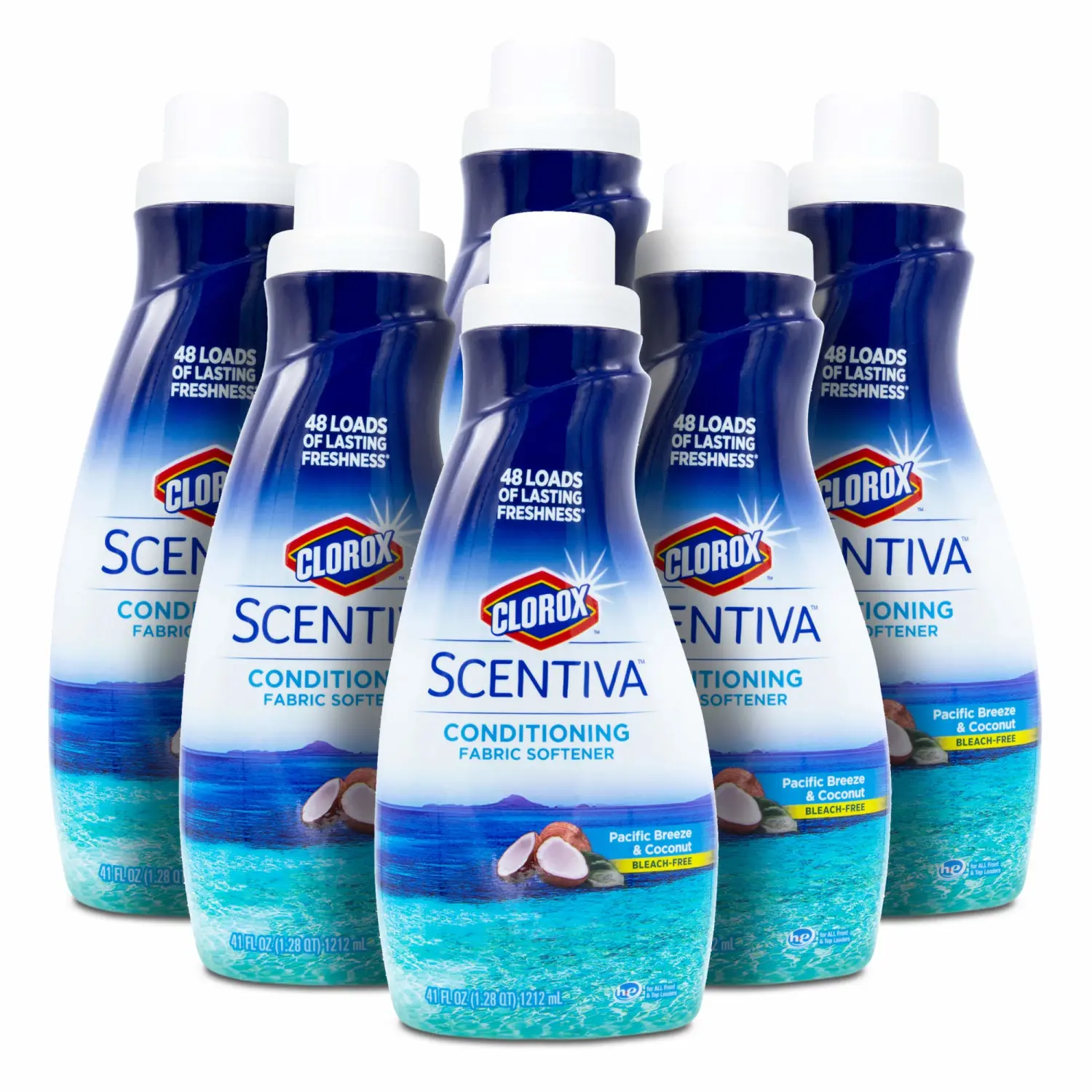 Clorox Scentiva Liquid Fabric Softener Fabric Conditioner, Pacific Breeze & Coconut Scent | Great Smelling Fabric Softener from Clorox Scentiva for 48 Loads of Freshness, 41 Fl Oz, 6 Count