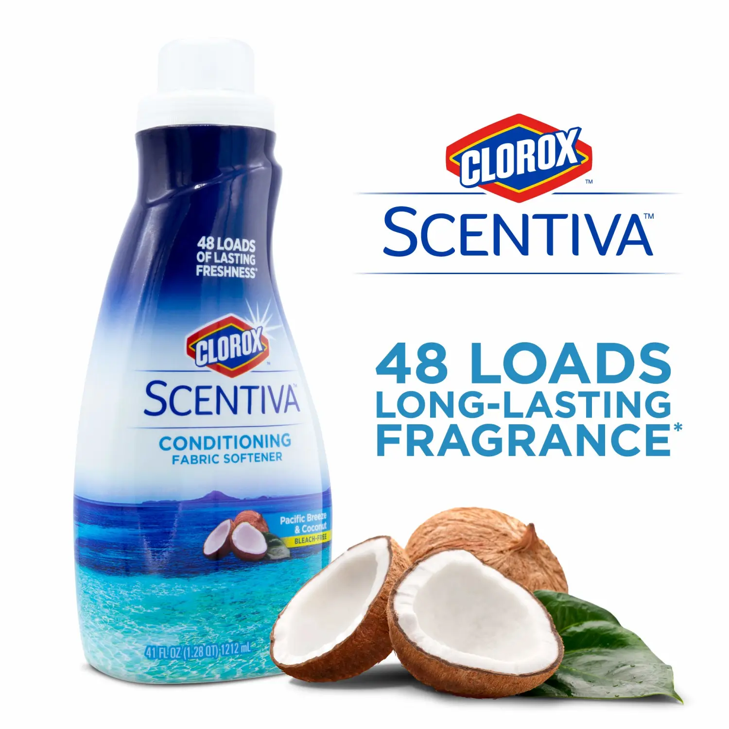 Clorox Scentiva Liquid Fabric Softener Fabric Conditioner, Pacific Breeze & Coconut Scent | Great Smelling Fabric Softener from Clorox Scentiva for 48 Loads of Freshness, 41 Fl Oz, 6 Count