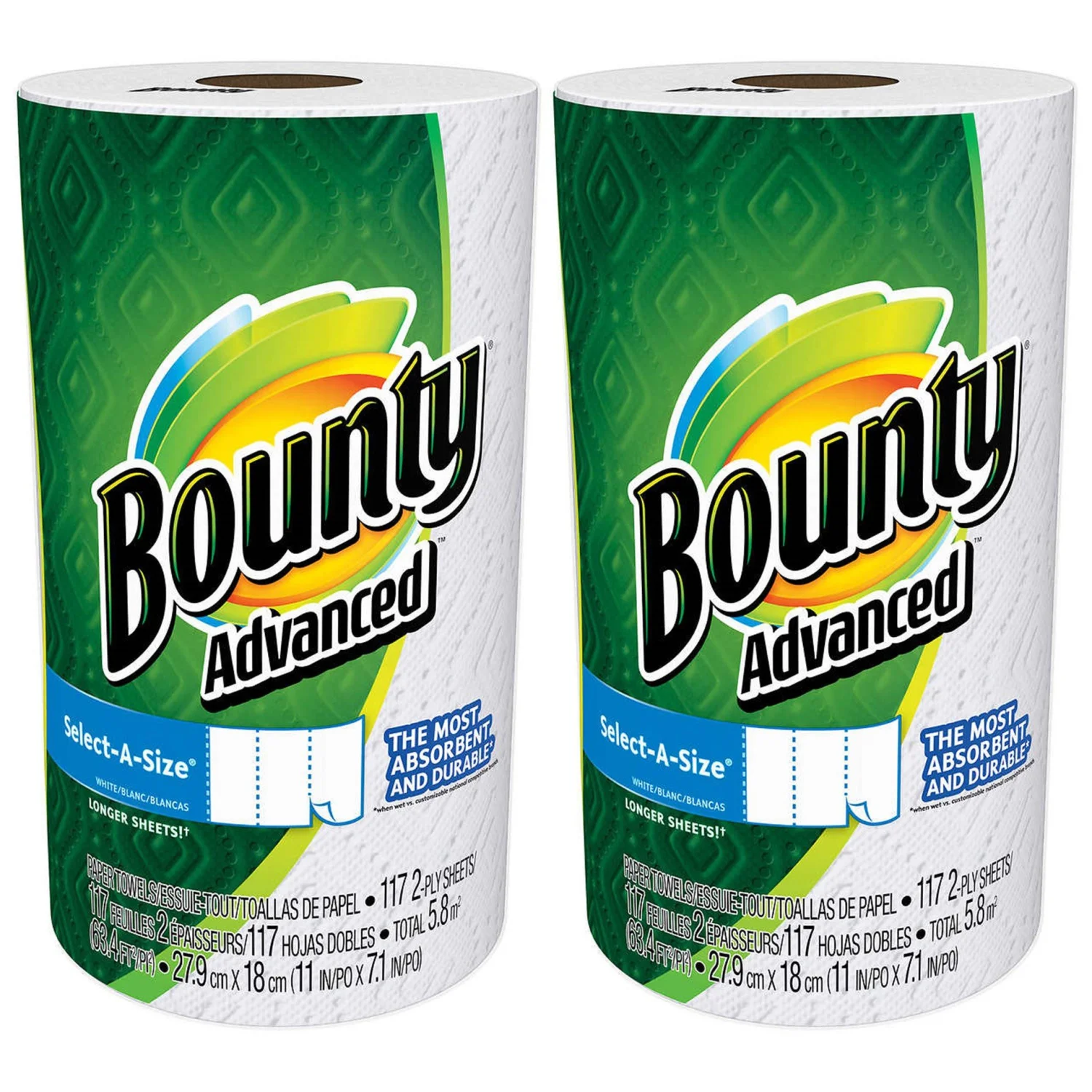 Bounty Advanced Select-A-Size, 2 x More Absorbent Paper Towels Roll, 11 x 7.1-Inches, White (234 Sheets)