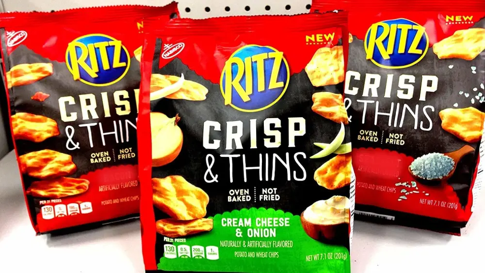 Ritz CRISP & THINS, Variety 3-PACK + FREE Set of Bag Clips, 1 bag each of ORIGINALSEA SALT, CREAM CHEESE & ONION, SALT & VINEGAR