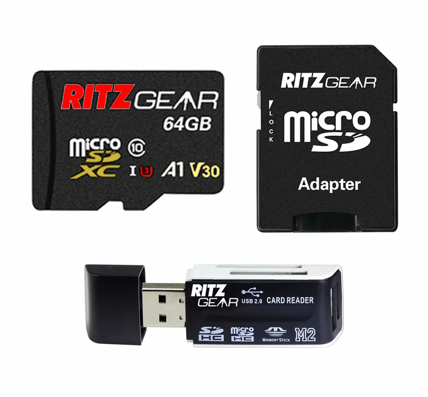 Ritz Gear Extreme Performance Class 10 V30 A1 U3 UHS1 MicroSDXC 64GB-Memory-Card-with Ritz Gear-Card-Reader. Compatible-with Nintendo-Switch, Smartphones, Action Cameras, Security Cams and More