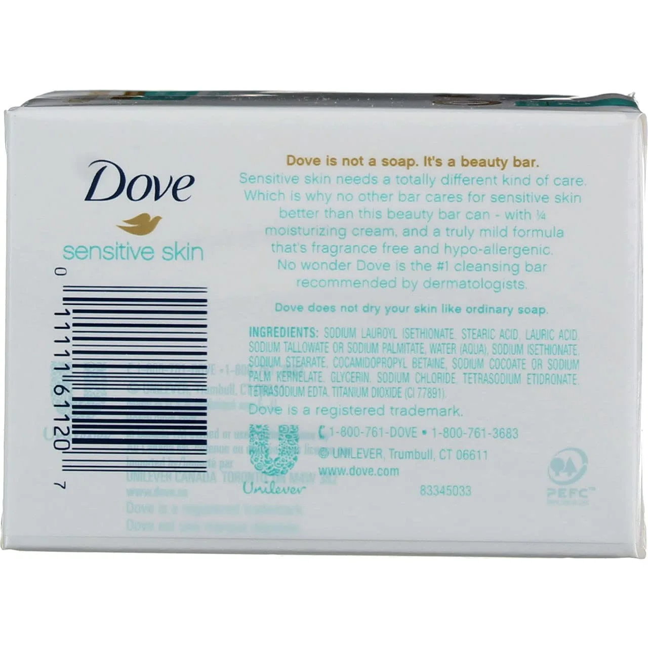 Dove Sensitive Skin Unscented Hypo-Allergenic Beauty Bar 4 oz (Pack of 2)
