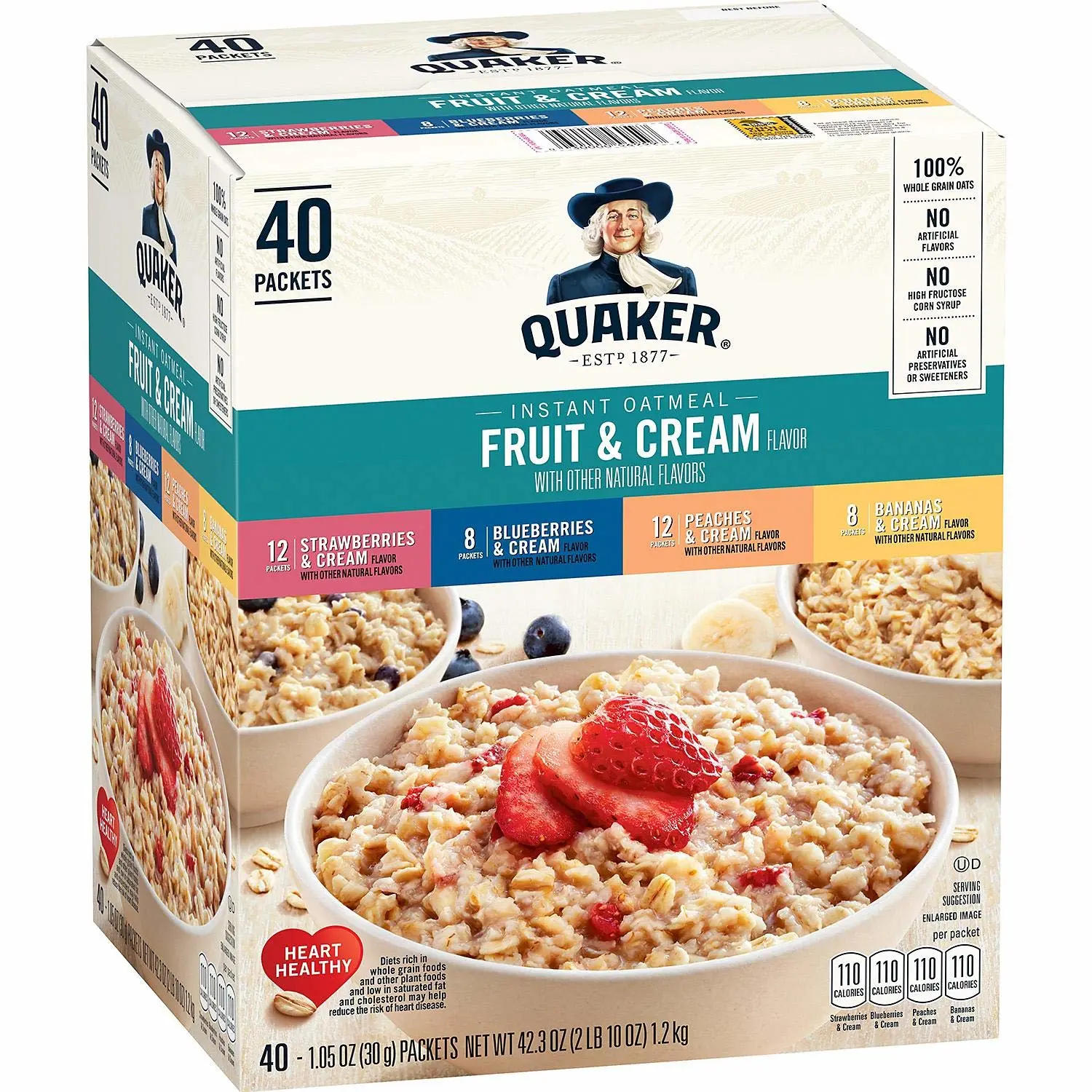Quaker Instant Oatmeal Fruit & Cream, Variety Pack (40 Pk.) Net Wt 42.3 Oz