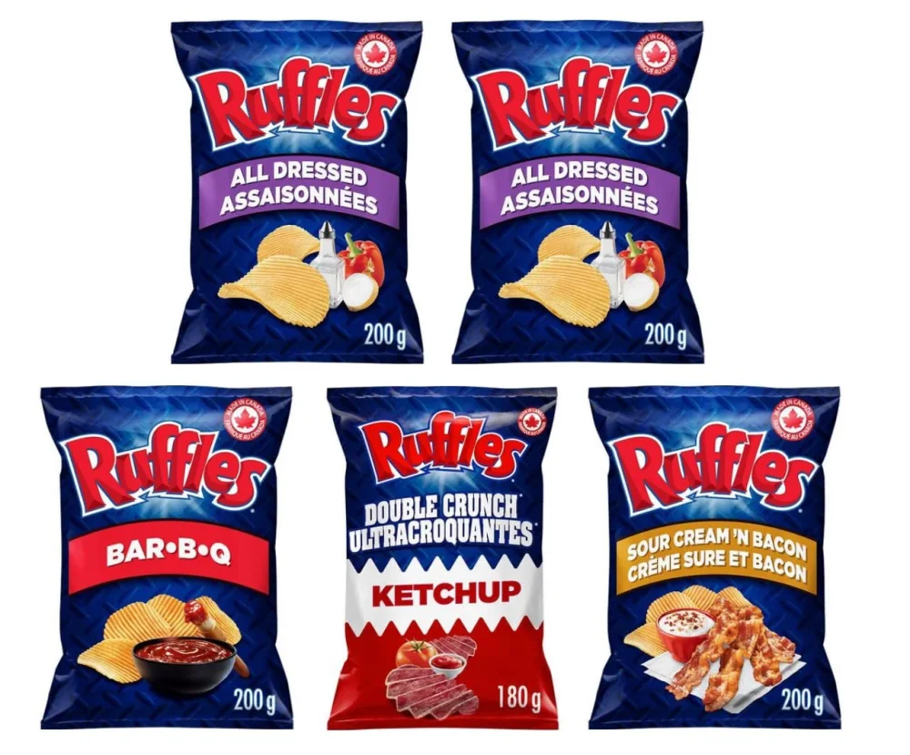 Over 2lbs of Ruffles chips (2x All-dressed, 1x Sour Cream 'N Bacon, 1x Bar-B-Q, and 1x ketchup) |Canadian chips| by Snowbird Sweets