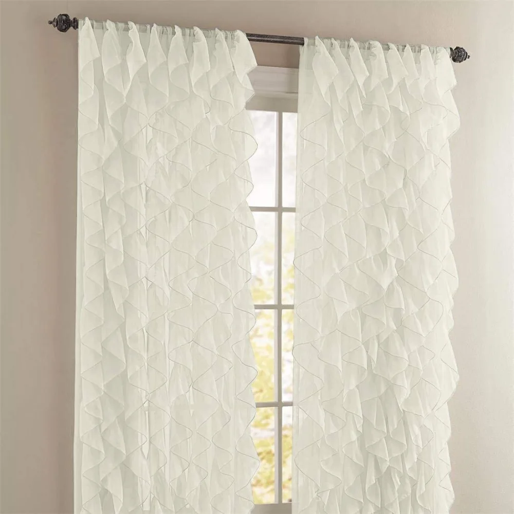 Rooney 2PC Sheer Voile Ruffled Curtain Panels (Ivory, 50" X 45")