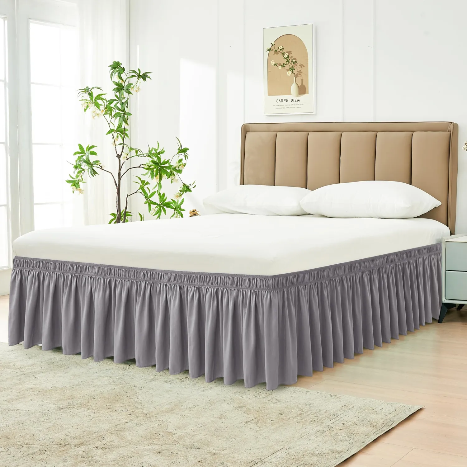 Biscaynebay Wrap Around Bed Skirts for Queen Size Beds Extra Short Drop of 9", Silver Grey Elastic Dust Ruffles Easy Fit Wrinkle & Fade Resistant Silky Luxurious Fabric Solid Machine Washable