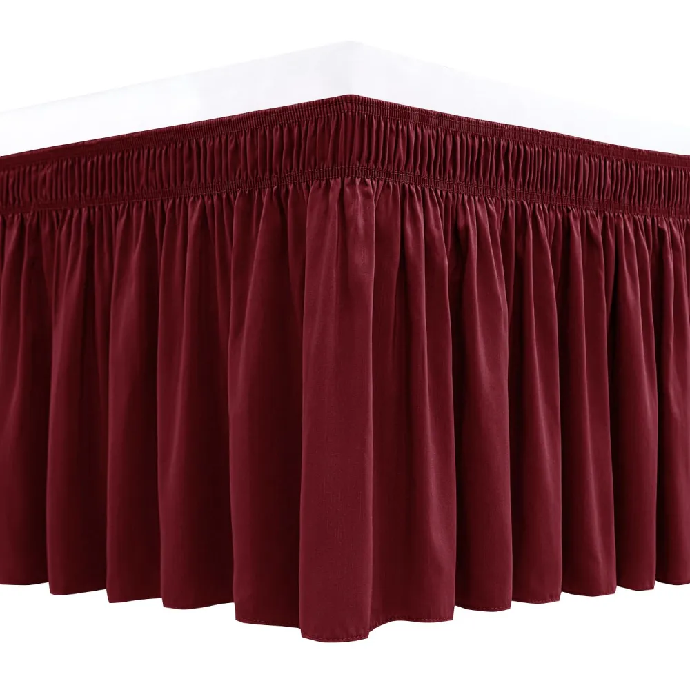 Biscaynebay Wrap Around Bed Skirts for King & Cal King Beds Short Drop of 12", Burgundy Adjustable Elastic Dust Ruffles Easy Fit Wrinkle Resistant Silky Luxurious Fabric Machine Washable