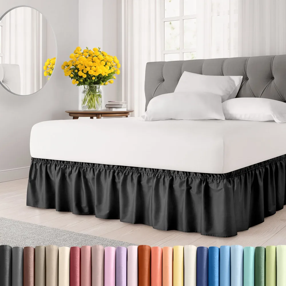 Wrap Around Dust Ruffle Bed Skirt - Black - for King Size Beds with 12 Inch Drop - Easy Fit Elastic Strap - Adjustable Pleated Bedskirt w/Brushed Fabric - Wrinkle Free - for Women, Men, Kids & Teens