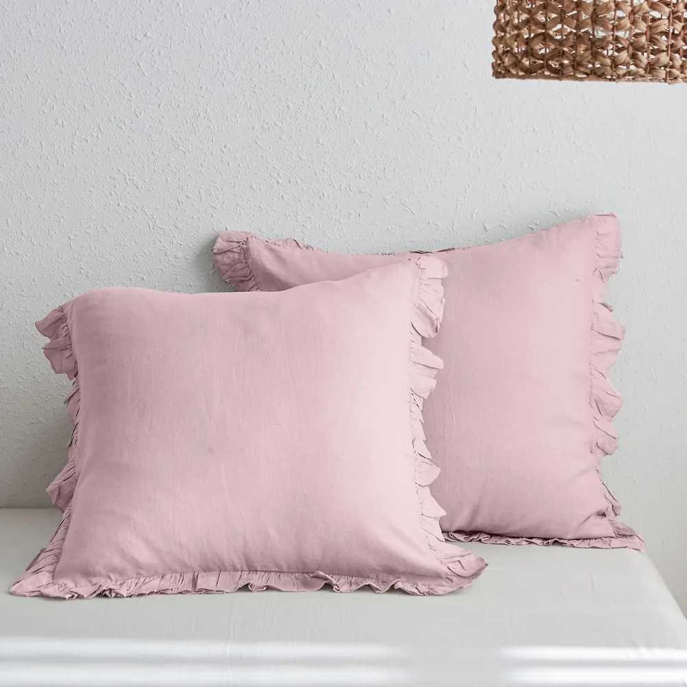 100% French Linen Euro Shams with Ruffles - Set of 2 - Washed Solid Color Natural Flax Soft Breathable Pillow Covers - Pink, 26'' x 26''