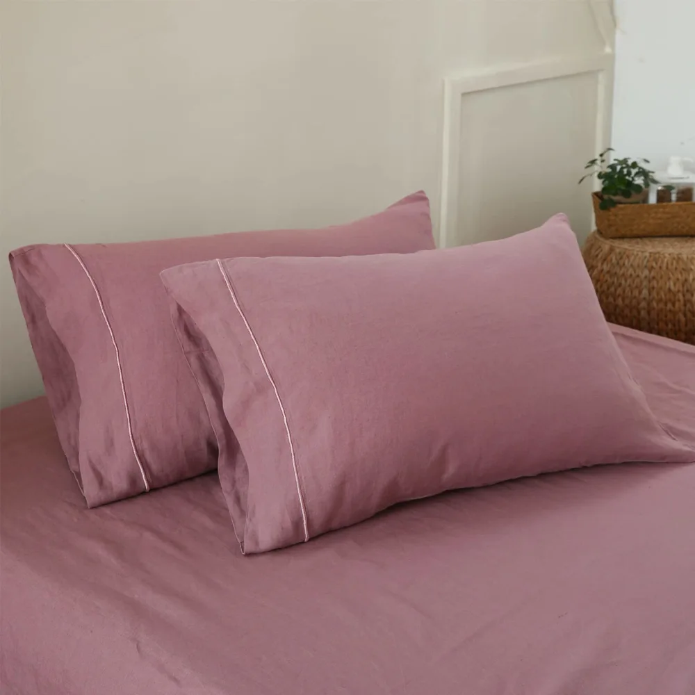 100% French Linen Pillowcases with Embroidery - Pack of 2 - Washed Solid Color Natural Flax Soft Breathable - Purple, 20'' x 40''