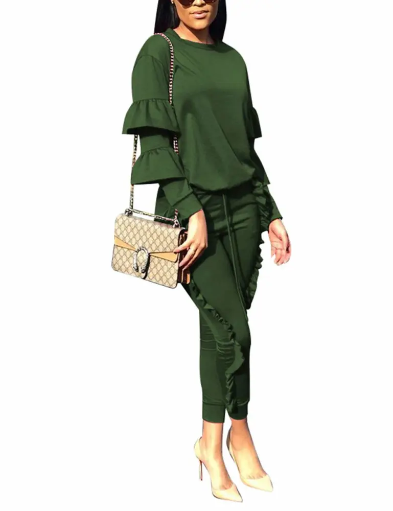 KANSOON Women 2 Pieces Outfits Puff Sleeve Top and Long Flounced Pants Sweatsuits Set Tracksuits