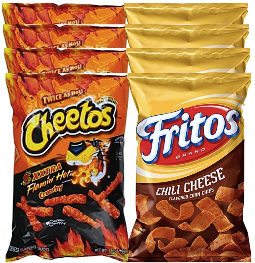 Cheetos Crunchy Xxtra Flamin’ Hot & Fritos Chili Cheese Corn Chips Snack Care Package for College, Military, Sports Approxiamtely 8.0 Oz (8)