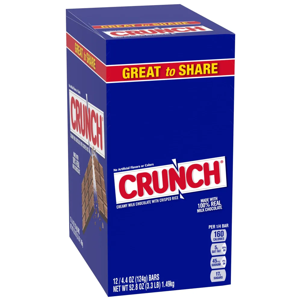 CRUNCH, Bulk 12 Count Box, Milk Chocolate and Crisped Rice, Full Size Individually Wrapped Candy Bars, 52.8 oz