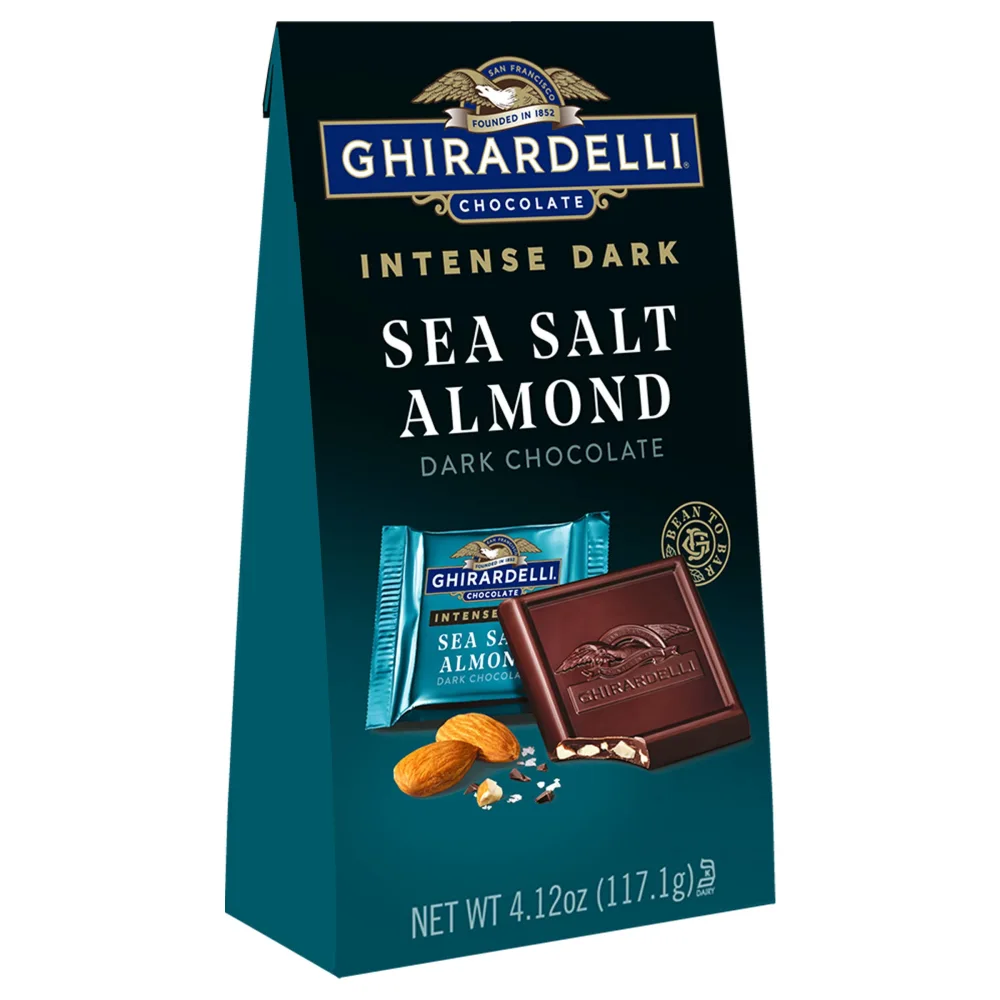 GHIRARDELLI Intense Dark Chocolate Squares, Sea Salt Almond Holiday Chocolate for Holiday Gifts and Stocking Stuffers, 4.12 Oz Bag (Pack of 6)