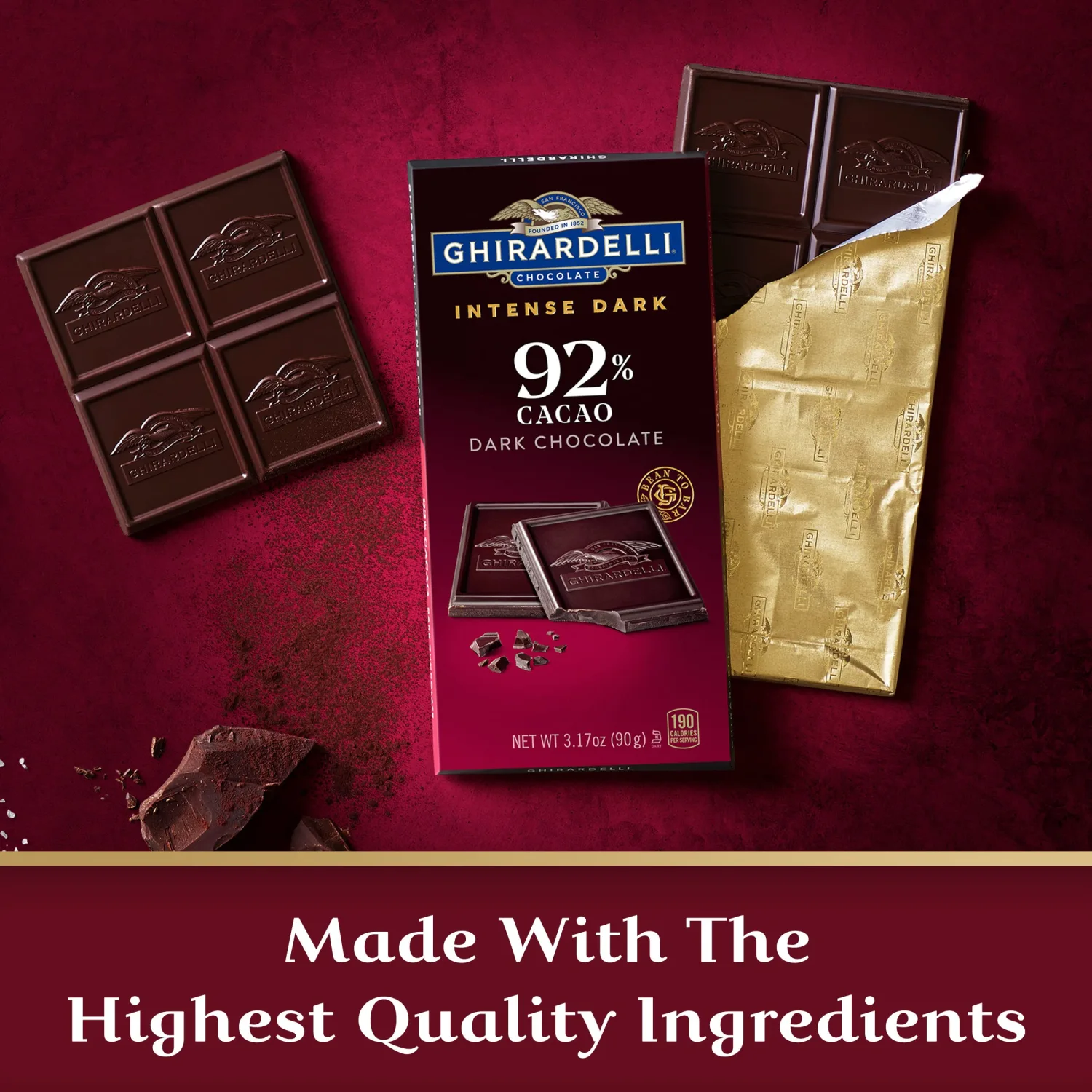 GHIRARDELLI Intense Dark Chocolate Bar, 92% Cacao, 3.17 Oz Bar