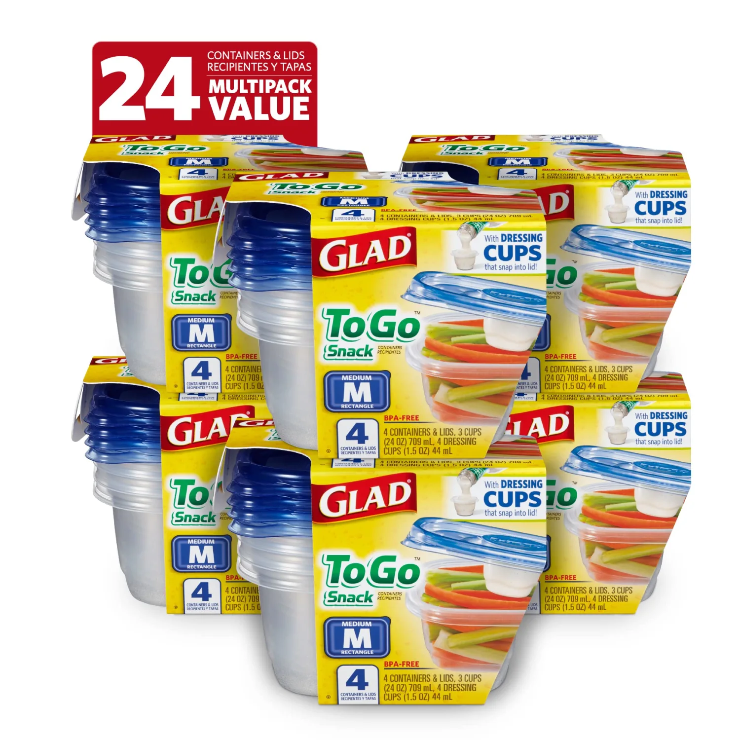 Glad To Go Food Storage Containers | Medium 24 oz Containers for Food Storage from Strong and Sturdy Rectangle Containers in Standard Size, 4 Count - 6 Pack