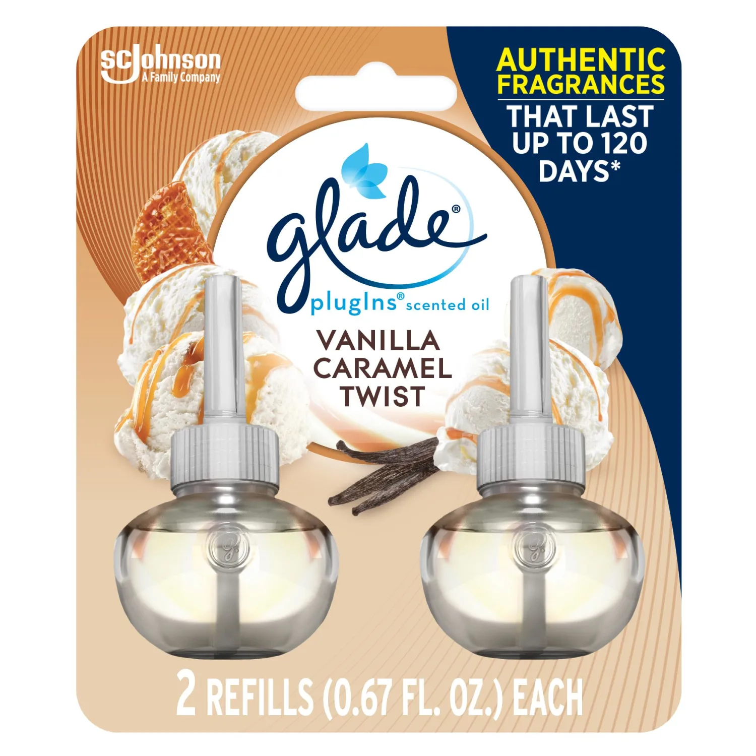 Glade PlugIns Refills Air Freshener, Scented and Essential Oils for Home and Bathroom, Vanilla Caramel Twist, 1.34 Fl Oz, 2 Count