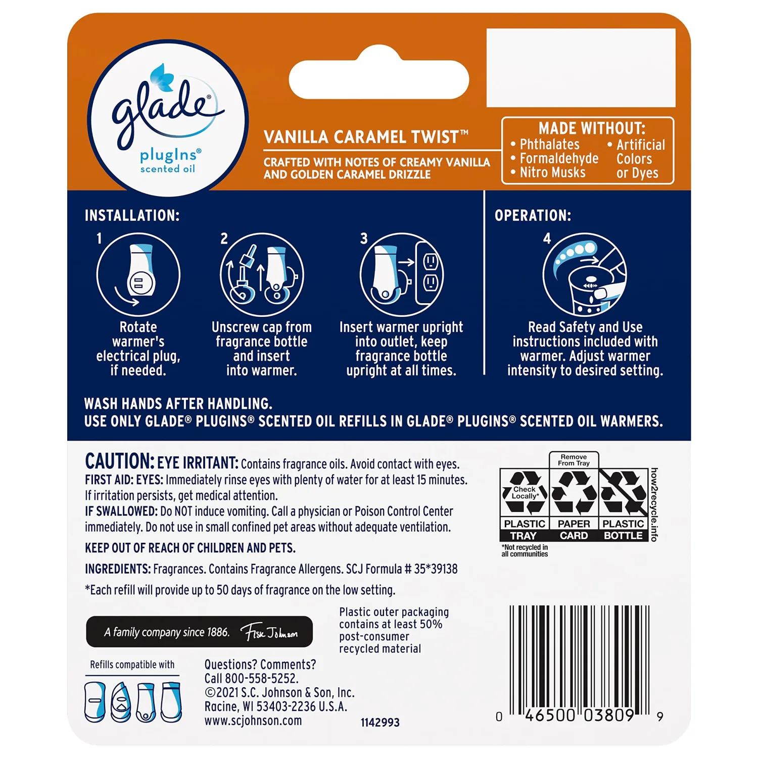 Glade PlugIns Refills Air Freshener, Scented and Essential Oils for Home and Bathroom, Vanilla Caramel Twist, 1.34 Fl Oz, 2 Count