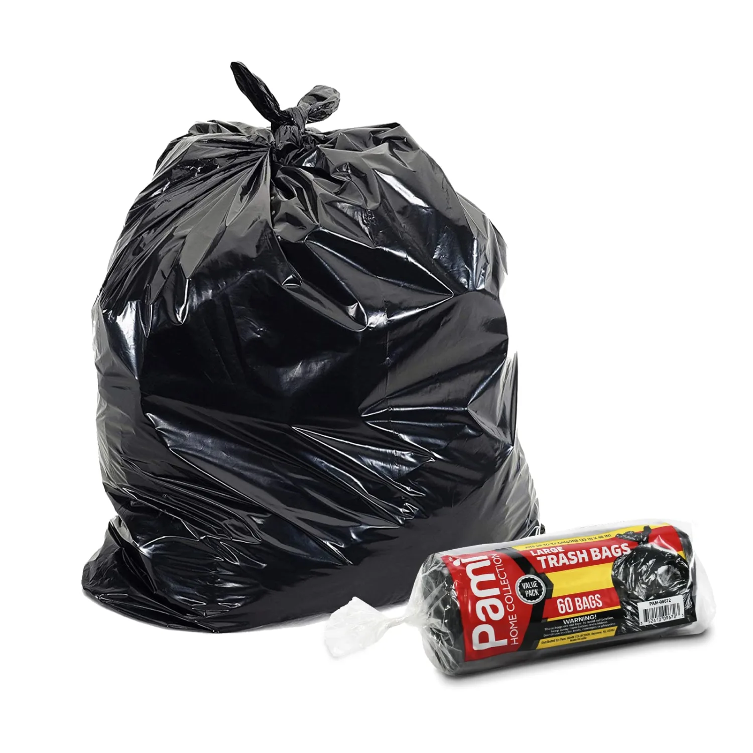 PAMI Large 33-Gallon Scent-Free Trash Bags, 60-Pack, Black