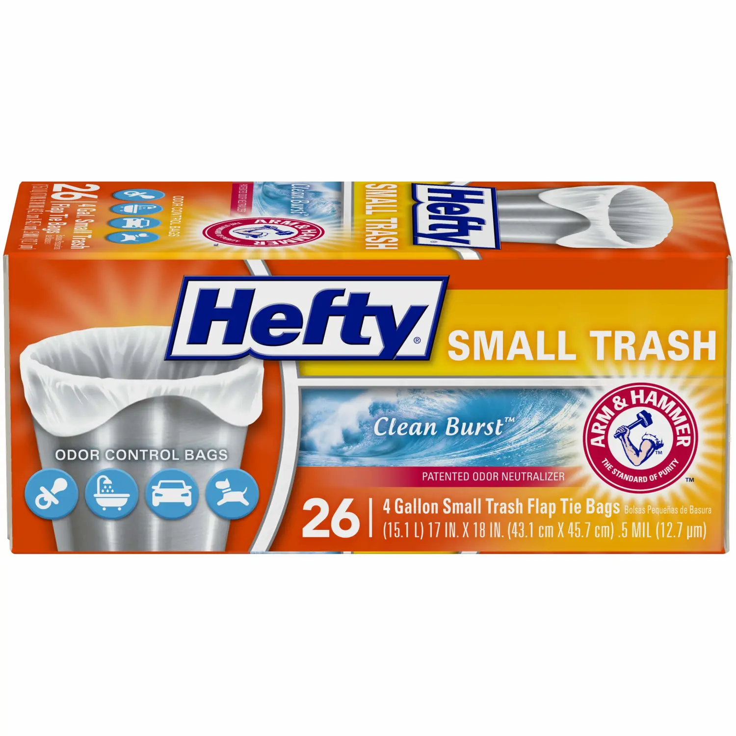 Hefty Small Garbage Bags, Flap Tie, Clean Burst Scent, 4 Gallon, 26 Count
