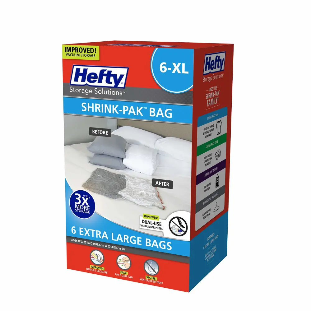 Hefty Shrink-Pak – 6 Extra Large Vacuum Seal Storage Bags – Space Saver Bags for Clothing, Pillows, Towels, or Blankets, 6 x XL Bags