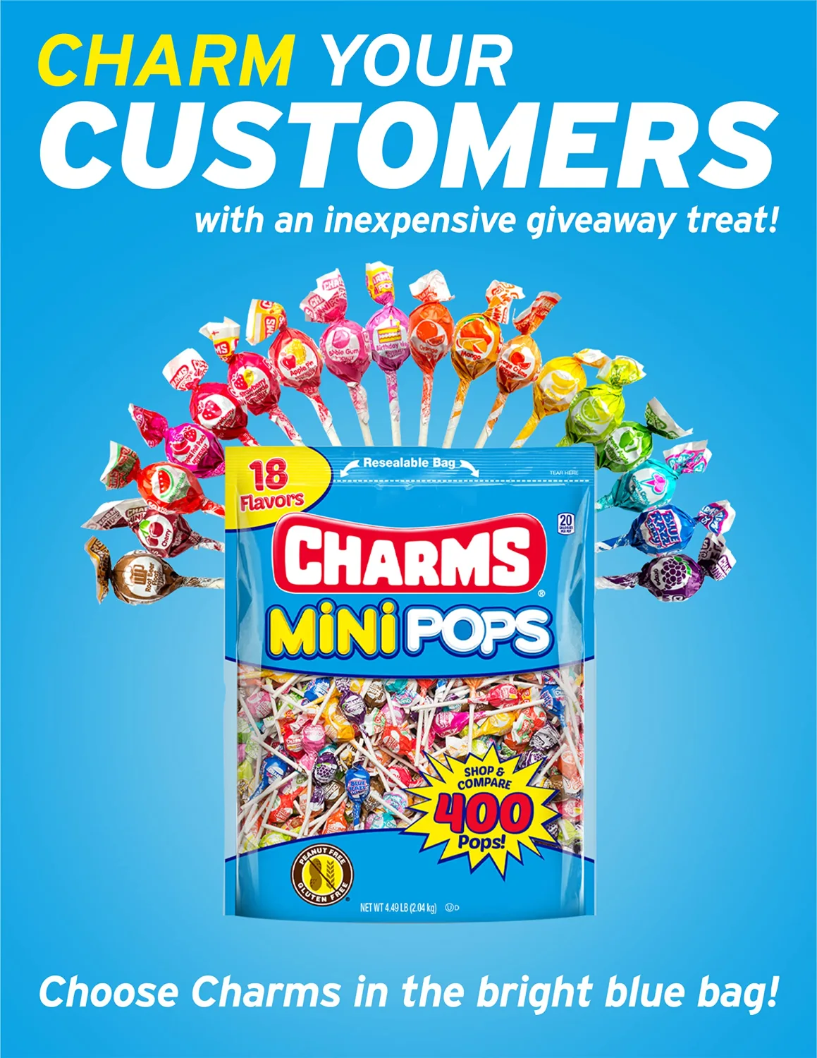 Tootsie Roll Charms Mini Pops - 4.5 lb Bag of Individually Wrapped Fruity Hard Candy Lollipops in 18 Fun Flavors - Peanut and Gluten Free, 400 Count, Packaging May Vary