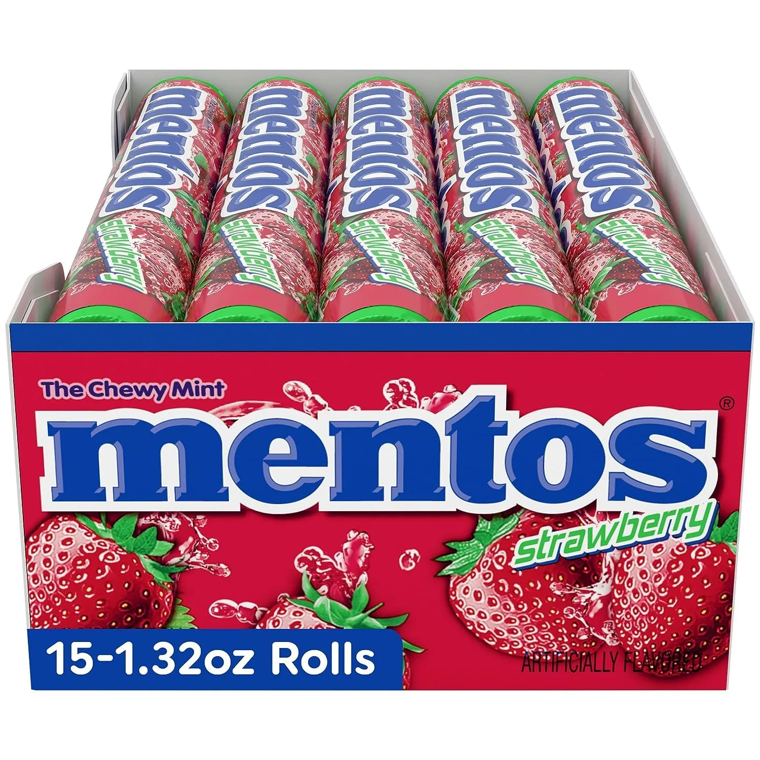 Mentos Chewy Mint Candy Roll, Strawberry, Non Melting, Party, 14 Count (Pack of 15)