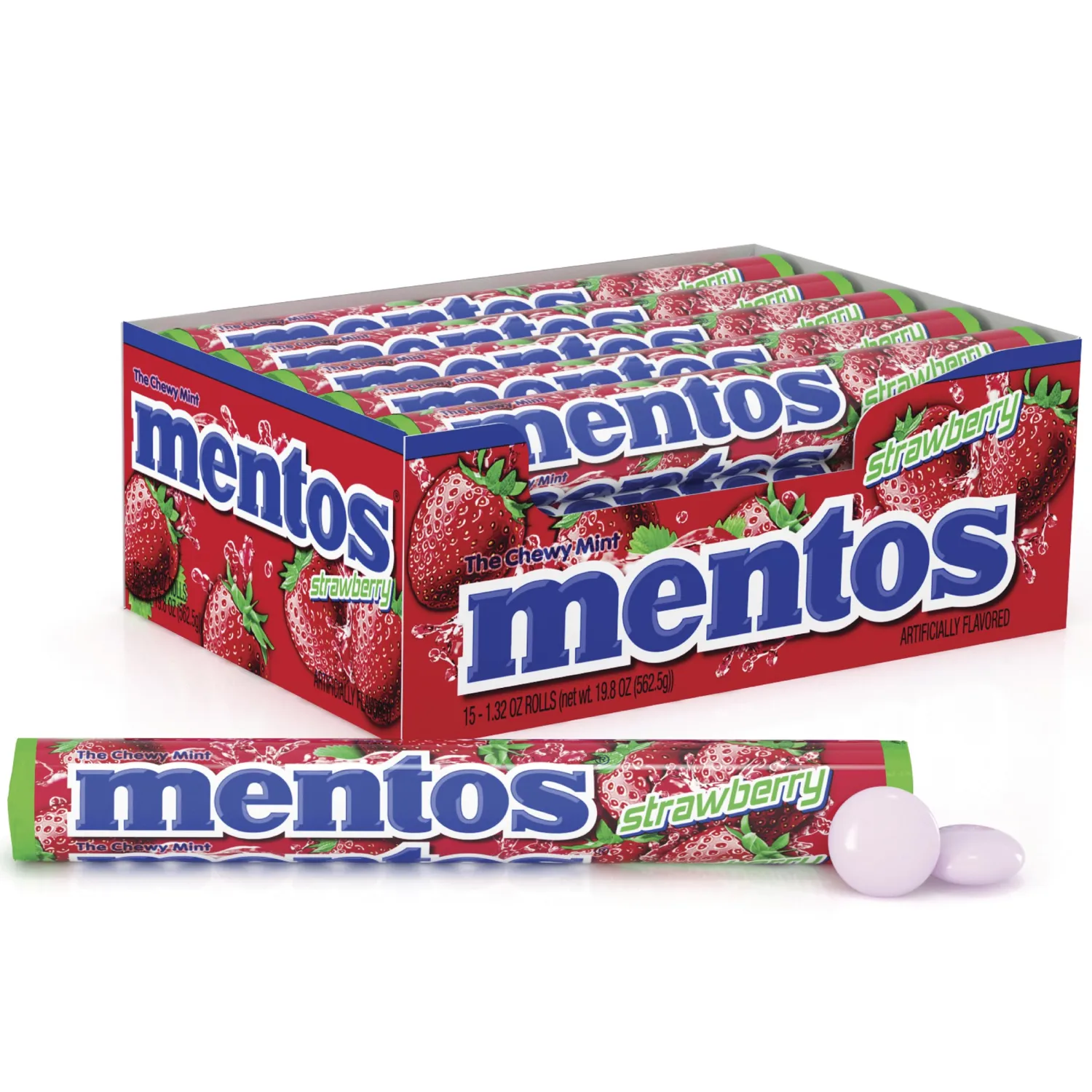 Mentos Chewy Mint Candy Roll, Strawberry, Non Melting, Party, 14 Count (Pack of 15)