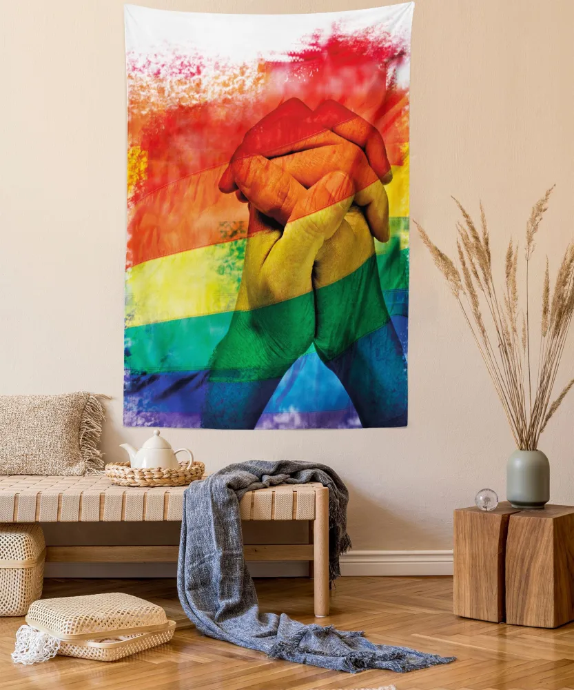 Ambesonne Pride Tapestry Twin Size, Hands of Young Men Put Together on Abstract LGBT Parade Flag Love Wins Gay Partners, Wall Hanging Bedspread Bed Cover Wall Decor, 68" X 88", White Multicolor