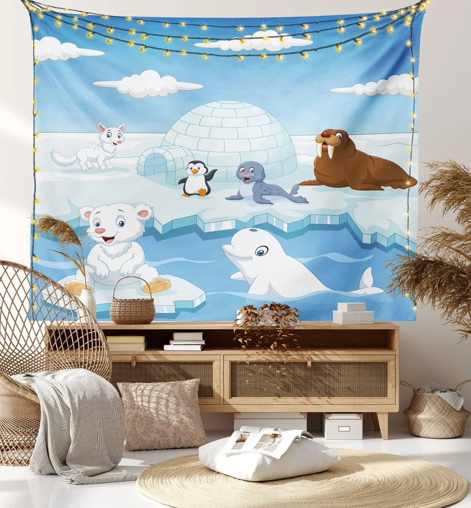 Ambesonne Animal Tapestry, Image of Arctics Animals Polar Bears Seal Penguins Wolfs Whales Work of Art, Wide Wall Hanging for Bedroom Living Room Dorm, 60" X 40", White Blue