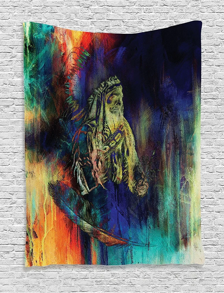 Ambesonne Tribal Tapestry, Grungy Futuristic Design of Foreman Bull with Motley Effect, Wall Hanging for Bedroom Living Room Dorm Decor, 40" X 60", Green Orange Blue