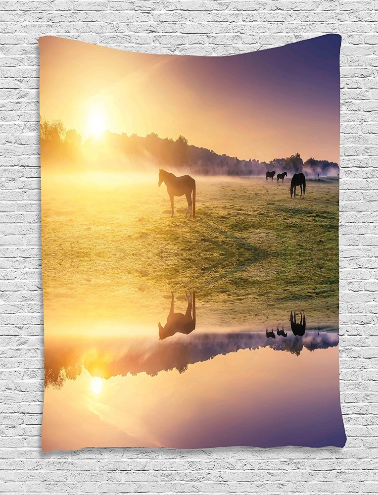 Ambesonne Nature Tapestry, Horse Valley in South a Lake Reflection and Sun Rising Above Mountains Print, Wall Hanging for Bedroom Living Room Dorm Decor, 60" X 80", Pale Yellow