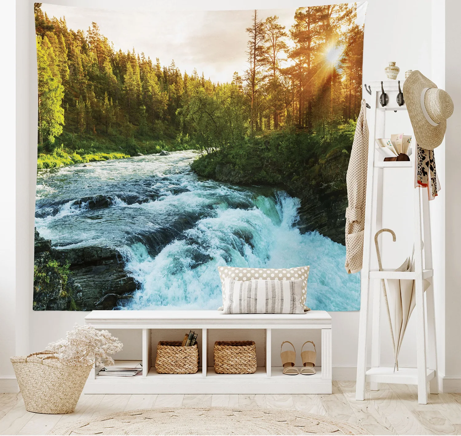Ambesonne European Tapestry, River in Norway Sunrise Sunbeams Through Pine Trees Springtime Scenic, Fabric Wall Hanging Decor for Bedroom Living Room Dorm, 45" X 30", Soft Blue Apple Green