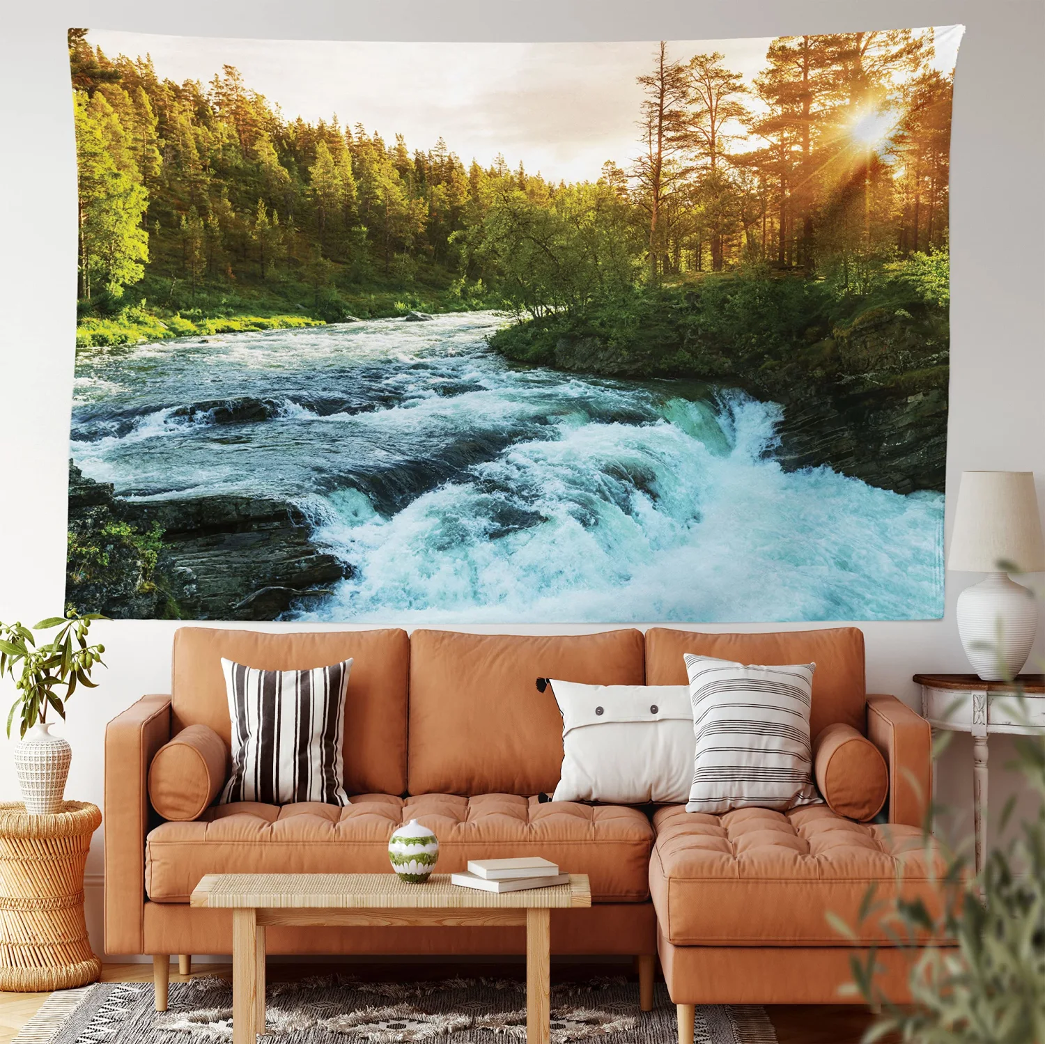 Ambesonne European Tapestry, River in Norway Sunrise Sunbeams Through Pine Trees Springtime Scenic, Fabric Wall Hanging Decor for Bedroom Living Room Dorm, 45" X 30", Soft Blue Apple Green