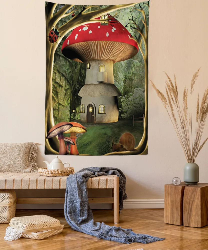 Ambesonne Mushroom Tapestry, Shroom House in Enchanted Forest Ladybug and Snail Whimsical Tree, Wall Hanging for Bedroom Living Room Dorm Decor, 60" X 80", Red Pale Coffee Green