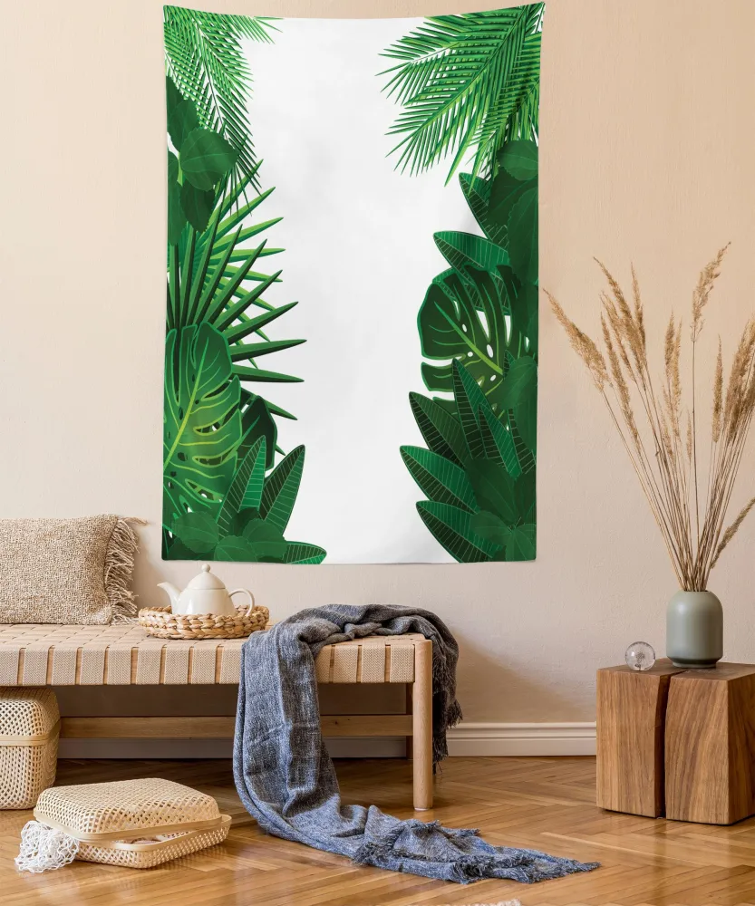 Ambesonne Leaf Tapestry Twin Size, Exotic Fantasy Hawaiian Tropical Palm Leaves Floral Graphic Art Print, Wall Hanging Bedspread Bed Cover Wall Decor, 68" X 88", Green White