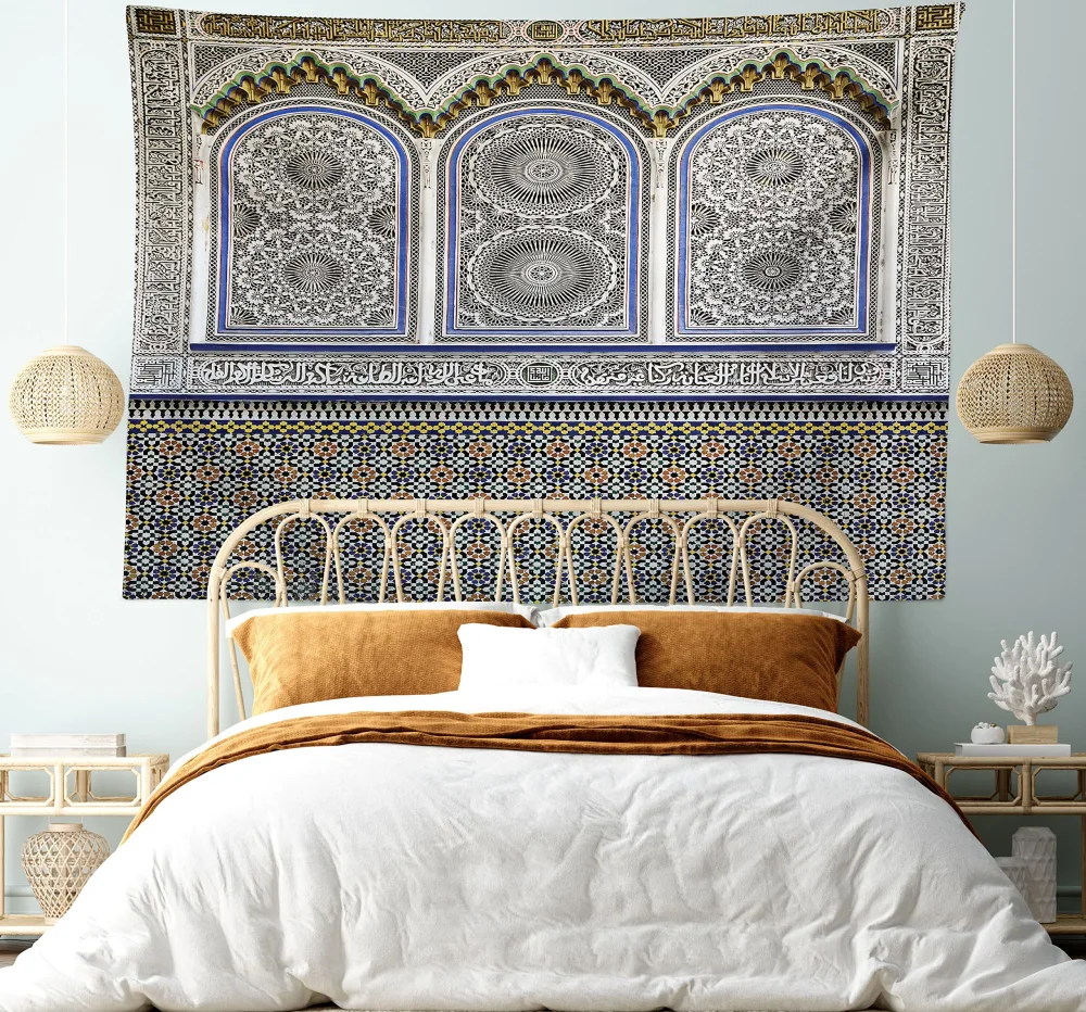 Ambesonne Orient Tapestry, Nostalgic Moroccan Architecture Stone Carving and Motifs Majestic Ottoman Empire, Wide Wall Hanging for Bedroom Living Room Dorm, 80" X 60", Grey Blue