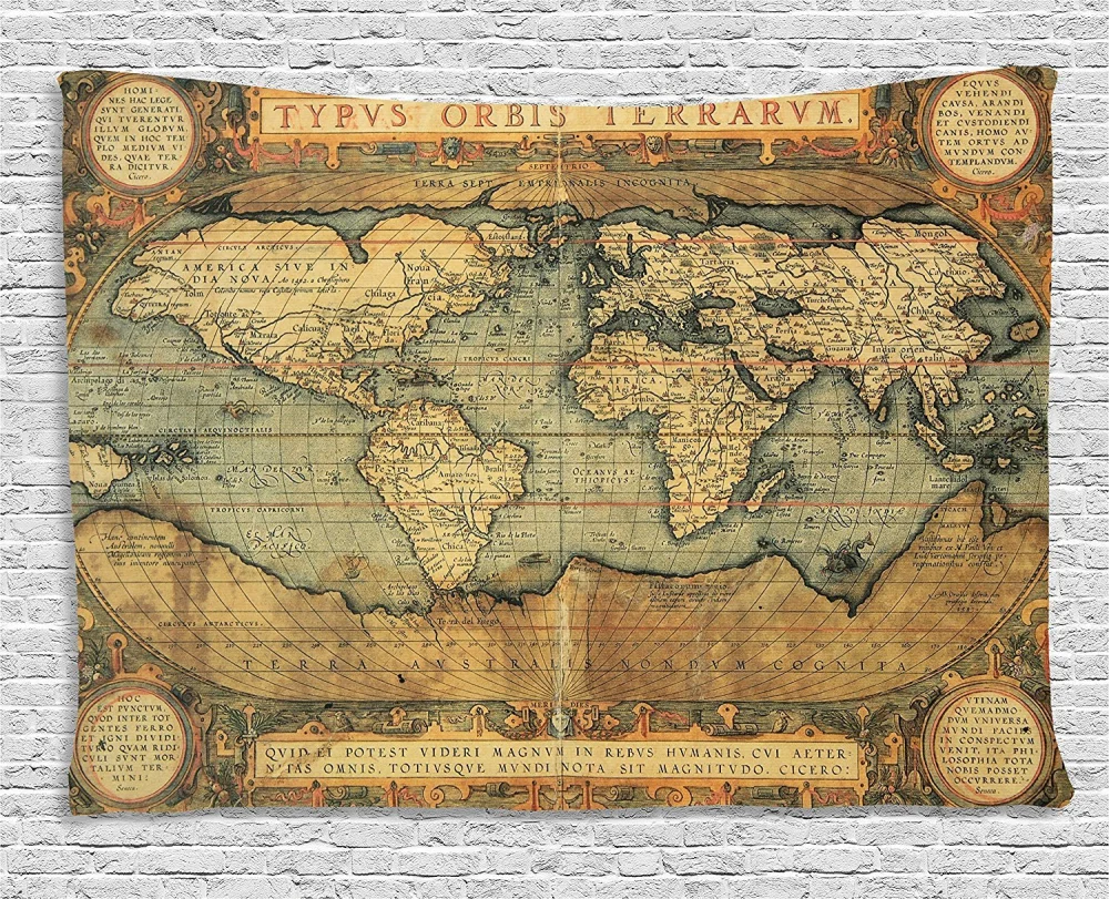 Ambesonne World Map Tapestry, Vintage Design Composition of 16th Century Atlas Print Travel Concept, Wide Wall Hanging for Bedroom Living Room Dorm, 80" X 60", Sand Brown Slate Blue