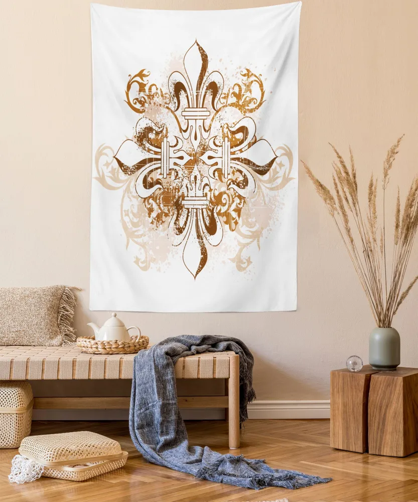 Ambesonne Fleur De Lis Tapestry, Antique Heraldry Vintage Floral Swirls Traditional Old Fashion, Wall Hanging for Bedroom Living Room Dorm Decor, 40" X 60", White Brown