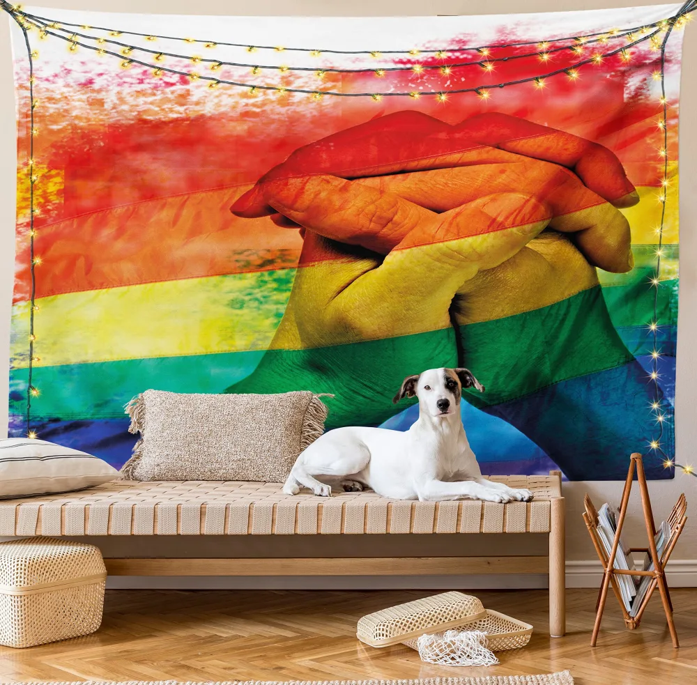 Ambesonne Pride Tapestry, Hands of Young Men Put Together on Abstract LGBT Parade Flag Love Wins Gay Partners, Wide Wall Hanging for Bedroom Living Room Dorm, 60" X 40", White Multicolor