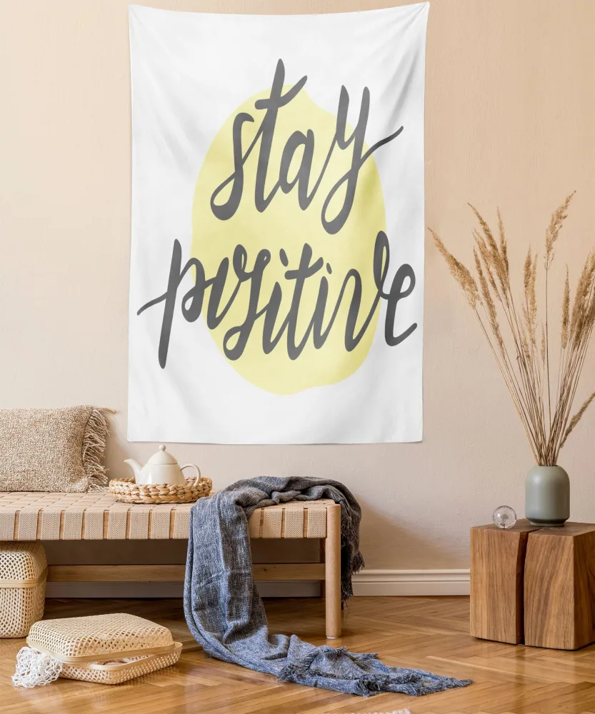 Ambesonne Positive Energy Tapestry Twin Size, Cursive Lettering Words on Circular Pastel Tone Backdrop, Wall Hanging Bedspread Bed Cover Wall Decor, 68" X 88", Grey Pale Yellow