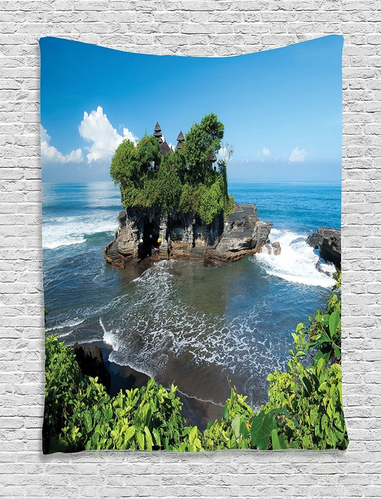 Ambesonne Balinese Tapestry, Tanah Lot Building Bali Island Wavy Ocean Historic Architecture Heritage Picture, Wall Hanging for Bedroom Living Room Dorm Decor, 40" X 60", Green Blue