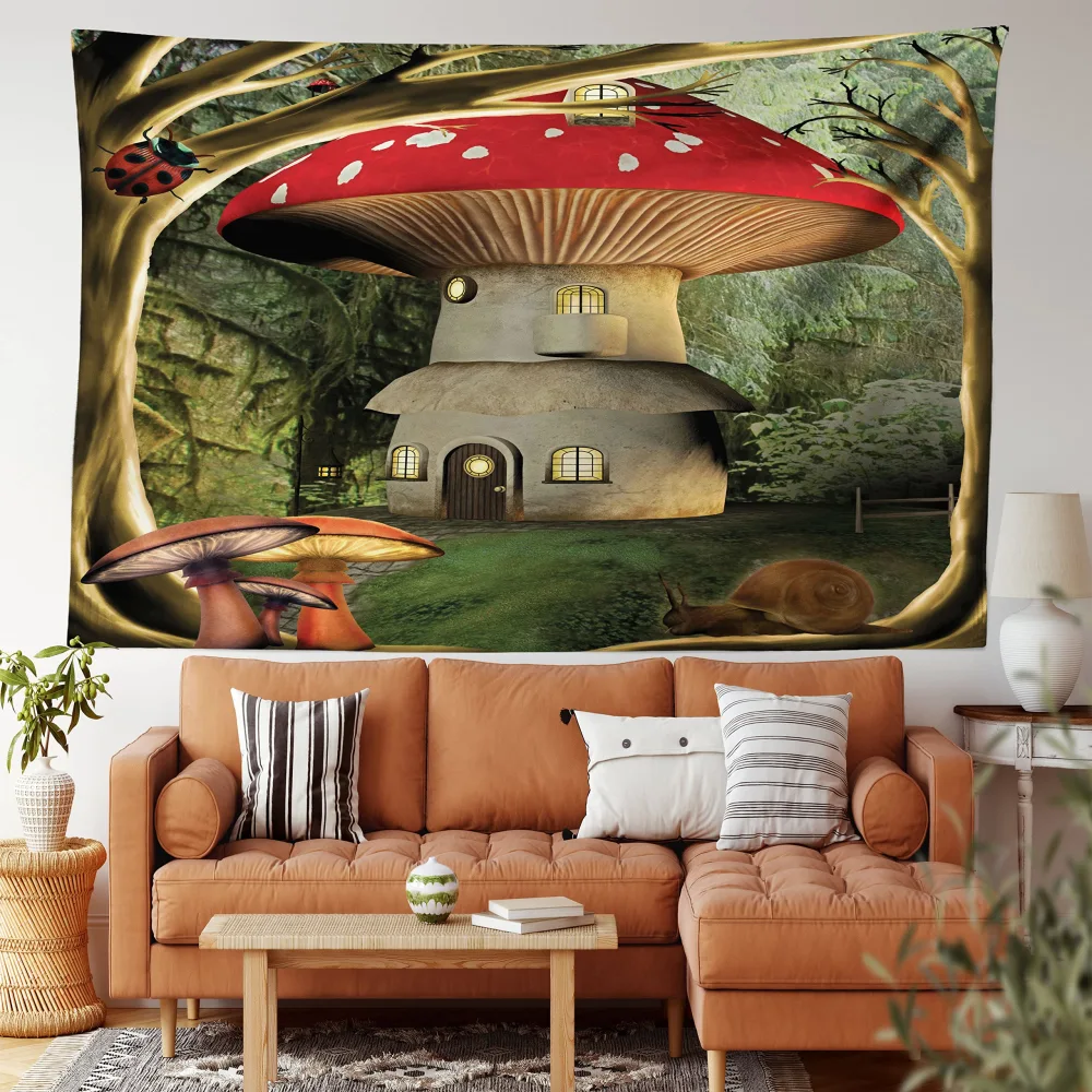 Ambesonne Mushroom Tapestry King Size, Shroom House in Enchanted Forest Ladybug and Snail Whimsical Tree, Wall Hanging Bedspread Bed Cover Wall Decor, 104" X 88", Red Pale Coffee Green