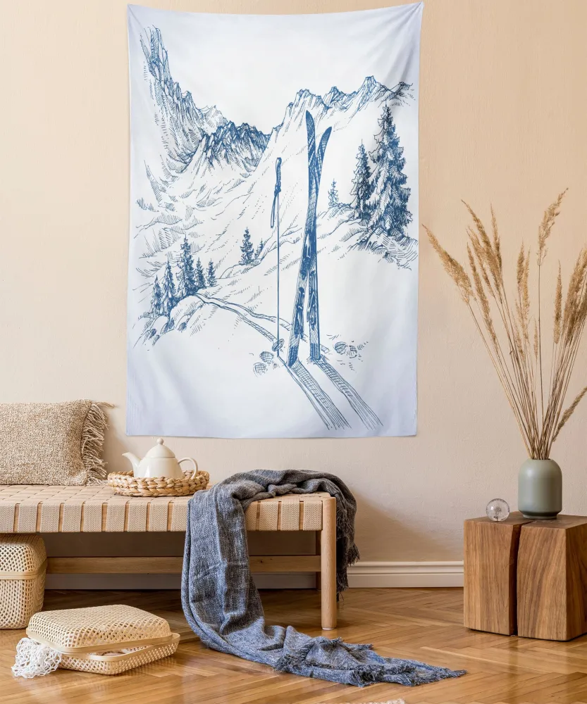 Ambesonne Winter Tapestry, Sketchy Graphic of a Downhill Ski Elements in Snow Relax Calm View, Wall Hanging for Bedroom Living Room Dorm Decor, 40" X 60", Blue White