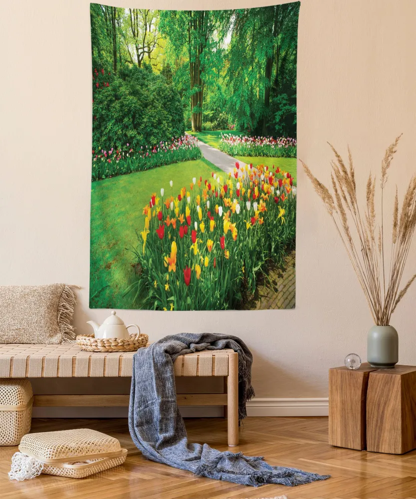 Ambesonne Garden Tapestry Twin Size, Garden with Tulip Flowers and Trees Springtime in Keukenhof Netherlands Europe, Wall Hanging Bedspread Bed Cover Wall Decor, 68" X 88", Green Red