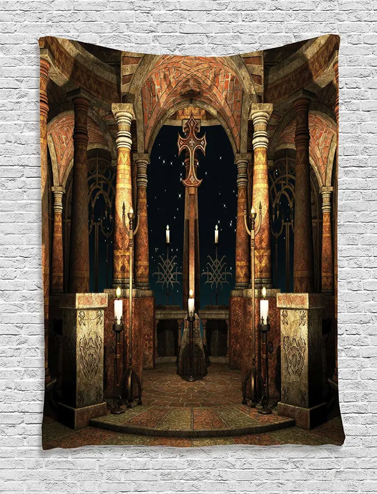 Ambesonne Gothic Tapestry, Dark Mystic Hall with Pillars and Dome Shrine Building Illustration, Wall Hanging for Bedroom Living Room Dorm Decor, 40" X 60", Ivory Brown