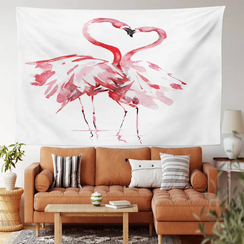 Ambesonne Flamingo Tapestry, Flamingo Couple Kissing Romance Passion Partners in Love Watercolor Effect, Wide Wall Hanging for Bedroom Living Room Dorm, 60" X 40", Dark Coral White