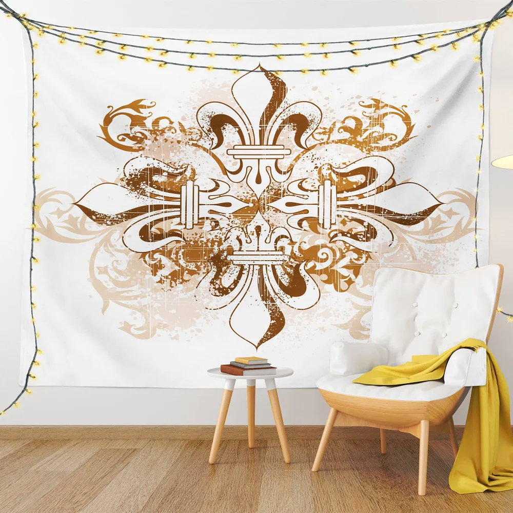 Ambesonne Fleur De Lis Tapestry King Size, Antique Heraldry Vintage Floral Swirls Traditional Old Fashion, Wall Hanging Bedspread Bed Cover Wall Decor, 104" X 88", White Brown