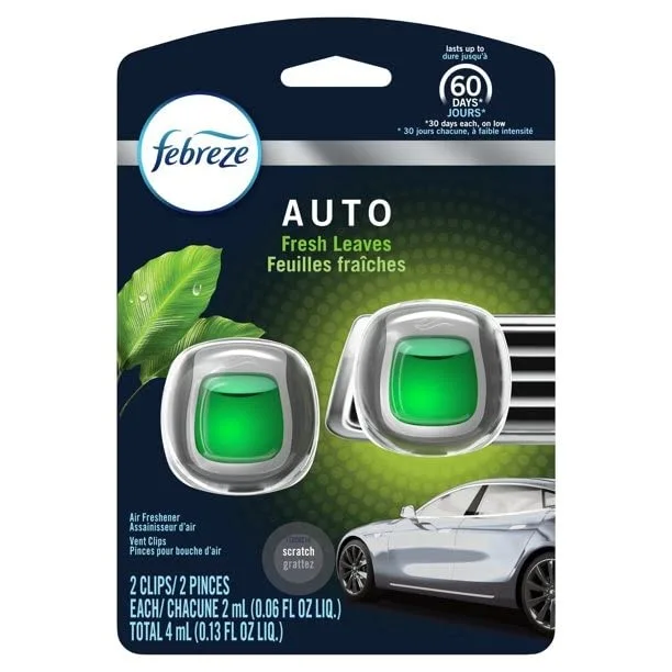 Febreze Car Vent Clip Air Freshener, Odor Eliminator for Up to 30 Days Freshness, 2 Clips (Fresh Leaves)